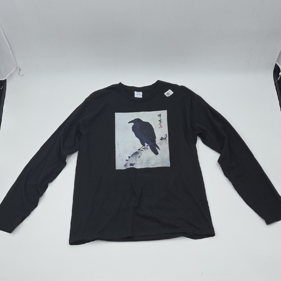 Black Long Sleeve Shirt With Japanese Kyosai Crow/Raven Art NEW - Picture 15 of 16